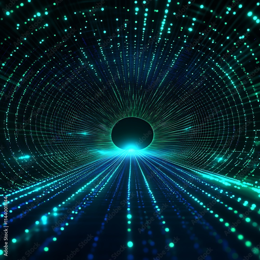 Poster abstract digital tunnel with glowing particles and light rays in futuristic style