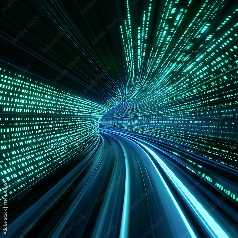 Poster abstract digital tunnel with glowing pixels and colorful flowing light patterns