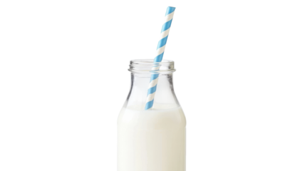 A glass milk bottle with a striped straw, perfect for promoting a classic dairy brand or a nostalgic beverage advertisement, evoking feelings of warmth and comfort in all ages..