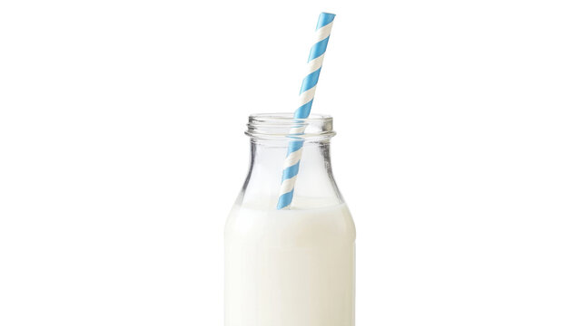 A glass milk bottle with a striped straw, perfect for promoting a classic dairy brand or a nostalgic beverage advertisement, evoking feelings of warmth and comfort in all ages..