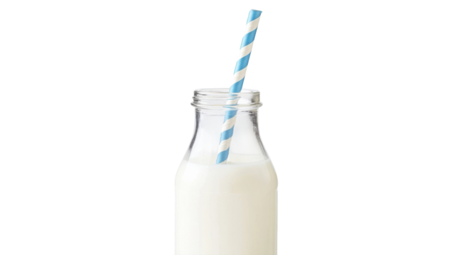 A glass milk bottle with a striped straw, perfect for promoting a classic dairy brand or a nostalgic beverage advertisement, evoking feelings of warmth and comfort in all ages..