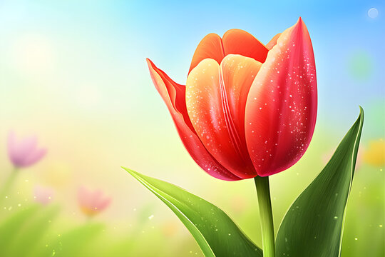 Close-up of a radiant red tulip blooming in a lush green meadow with a dreamy sunlit background, perfect nature for spring- themed deigns and floral
