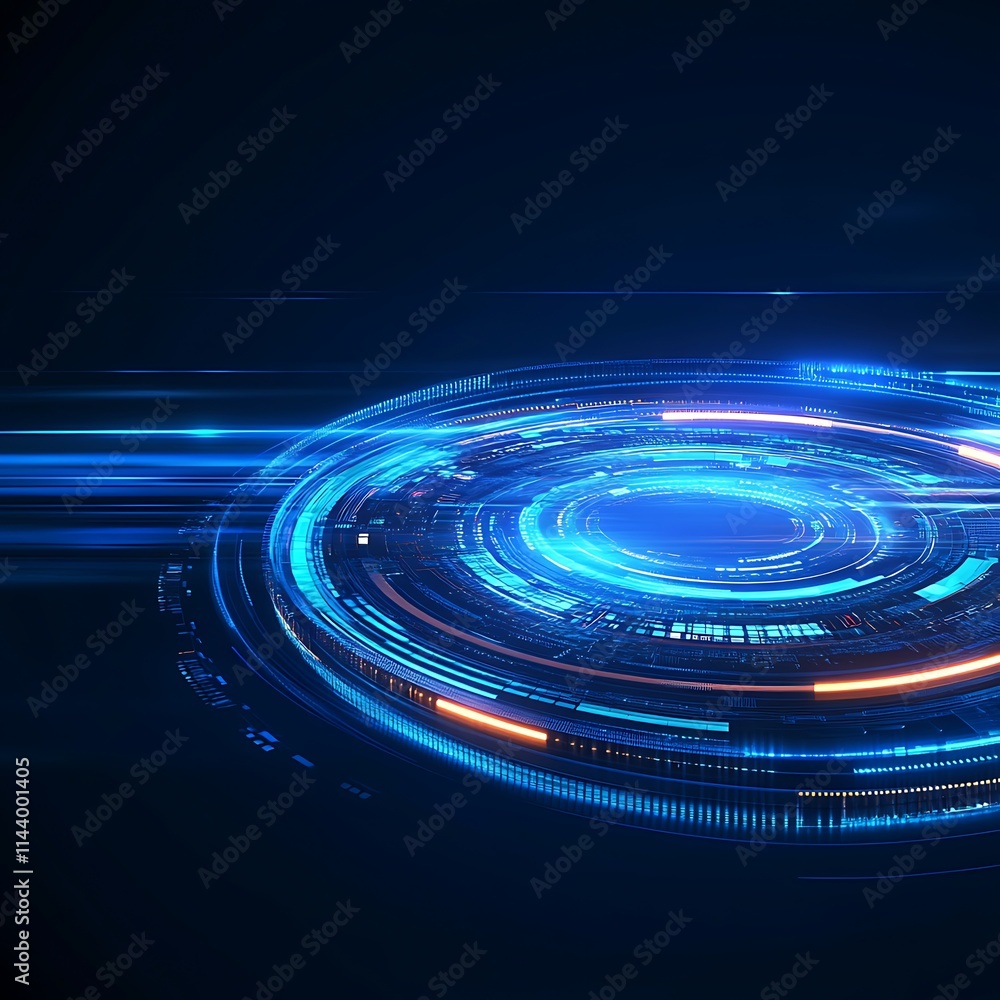 Poster abstract futuristic background with bright circular light patterns and dynamic lines