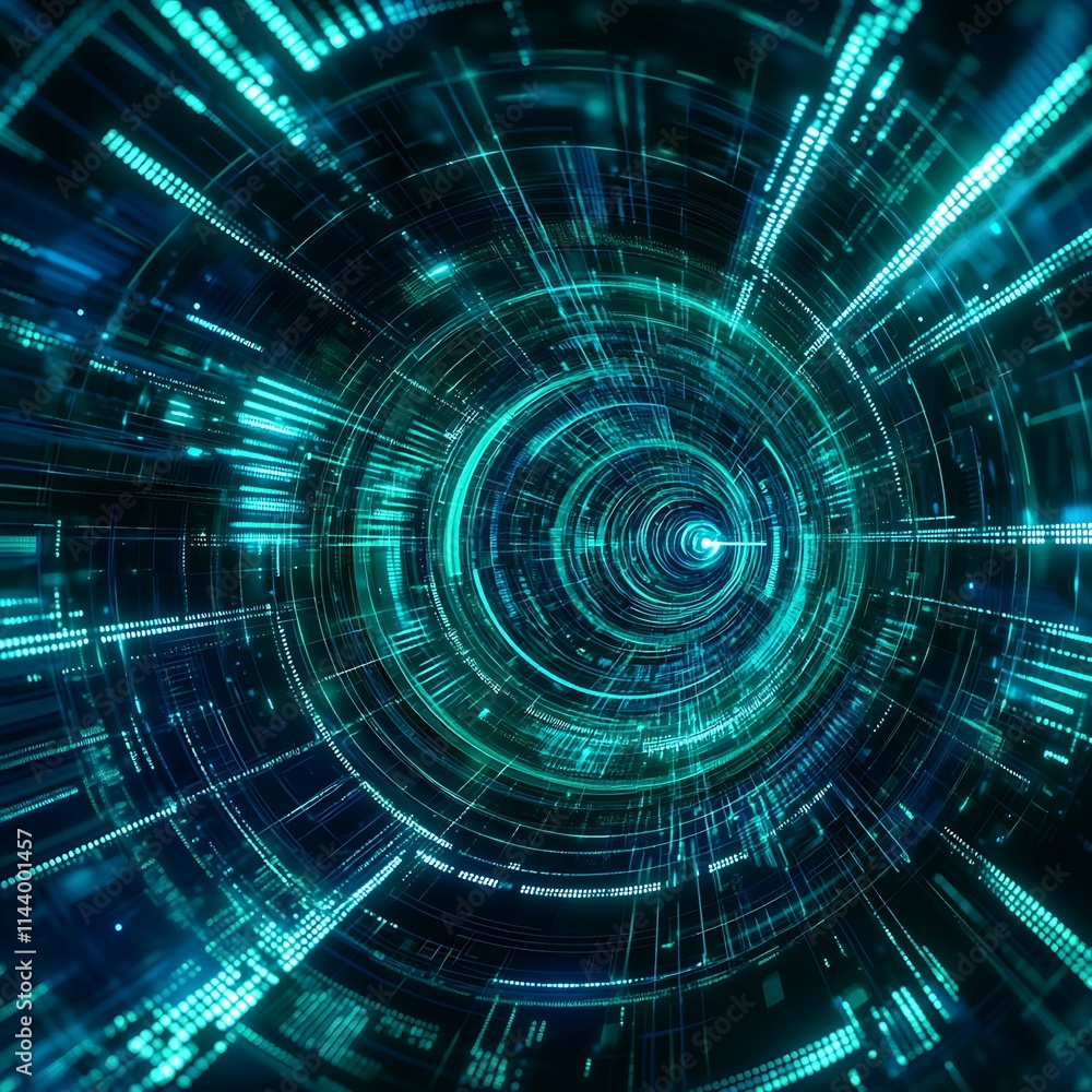 Aufkleber abstract futuristic digital background with light trails and circular pattern in blue and green