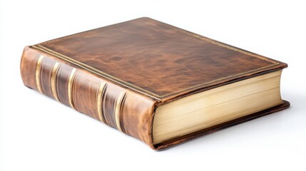 Obraz premium Vintage brown leather-bound book with ribbed spine and decorative cover design positioned diagonally on white background