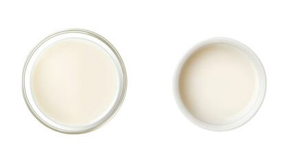 Two shallow bowls containing a thick, creamy substance on a transparent background perfect for culinary use or design elements.