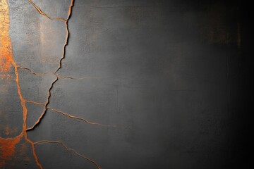 Cracked wall texture with orange highlights contrasting against dark background showcasing structural wear