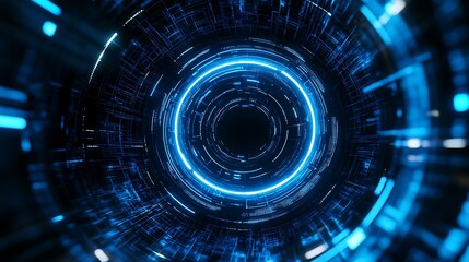 Obraz premium Abstract Futuristic Light Tunnel with Blue Glowing Lines and Dark Central Black Space