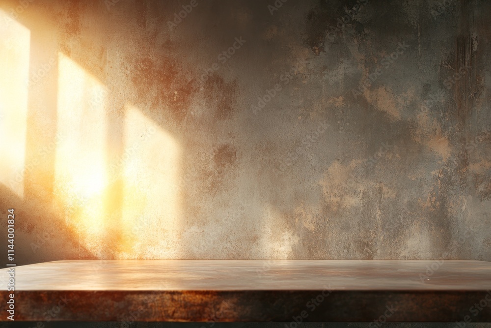 Poster warm sunlight streams through a rustic window onto a weathered wooden table in a serene indoor setti