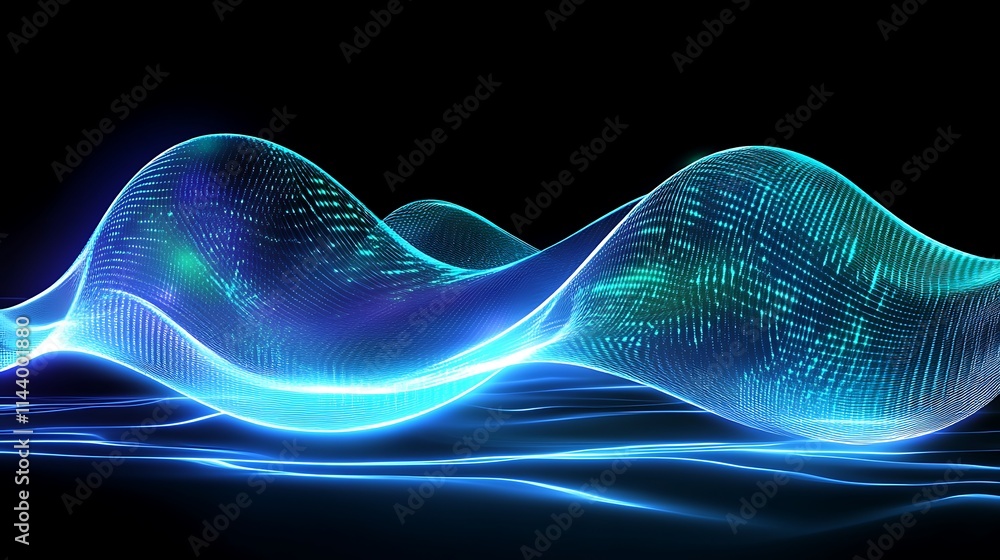 Poster abstract glowing waves with digital patterns on a dark background in futuristic style