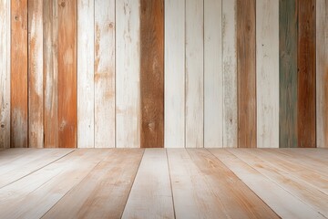 Naklejka premium Textured wooden wall and floor create a rustic atmosphere for interior design or photography spaces