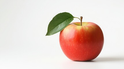 Fresh red apple with green leaf attached photographed against white background showing natural texture and color