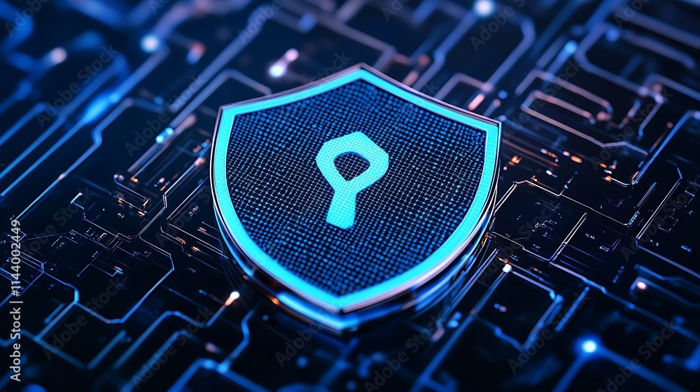 Poster blue cybersecurity shield symbol on digital circuit background with glowing elements