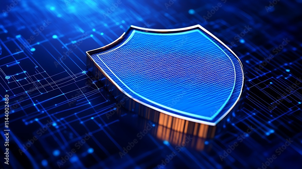 Poster blue digital shield icon on technology background representing security and protection concepts