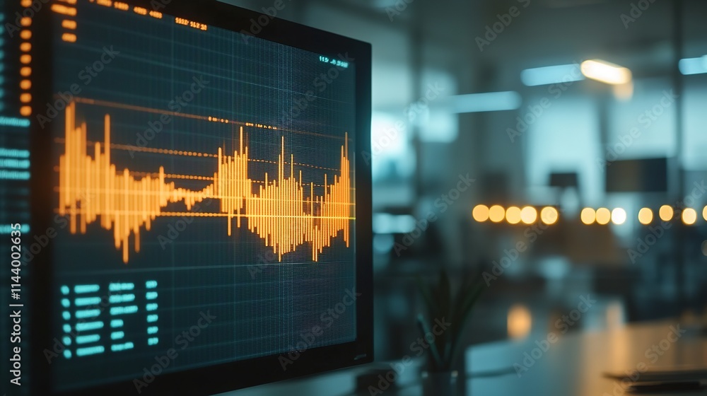 Poster glowing graph of financial transactions displayed on monitor screen with blurred office backdrop