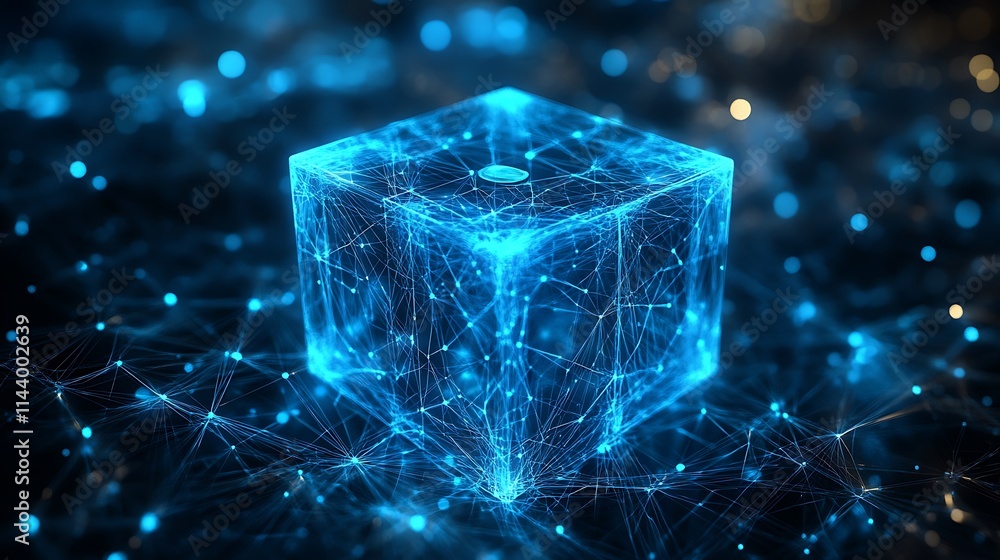 Aufkleber blue glowing cube with digital lines and dots in abstract futuristic background