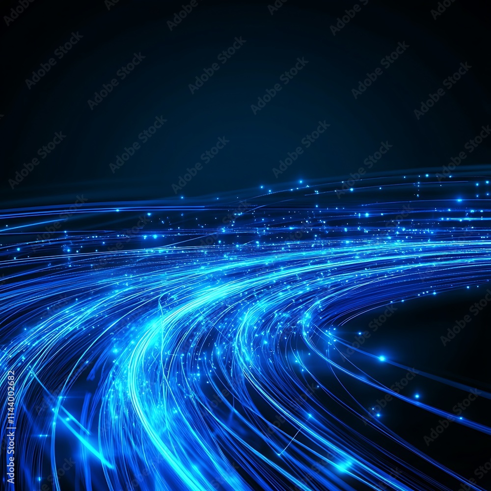 Poster blue light waves flowing with sparkling particles on dark background for abstract concepts