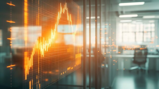 glowing graph of financial transactions displayed on monitor screen with blurred office backdrop