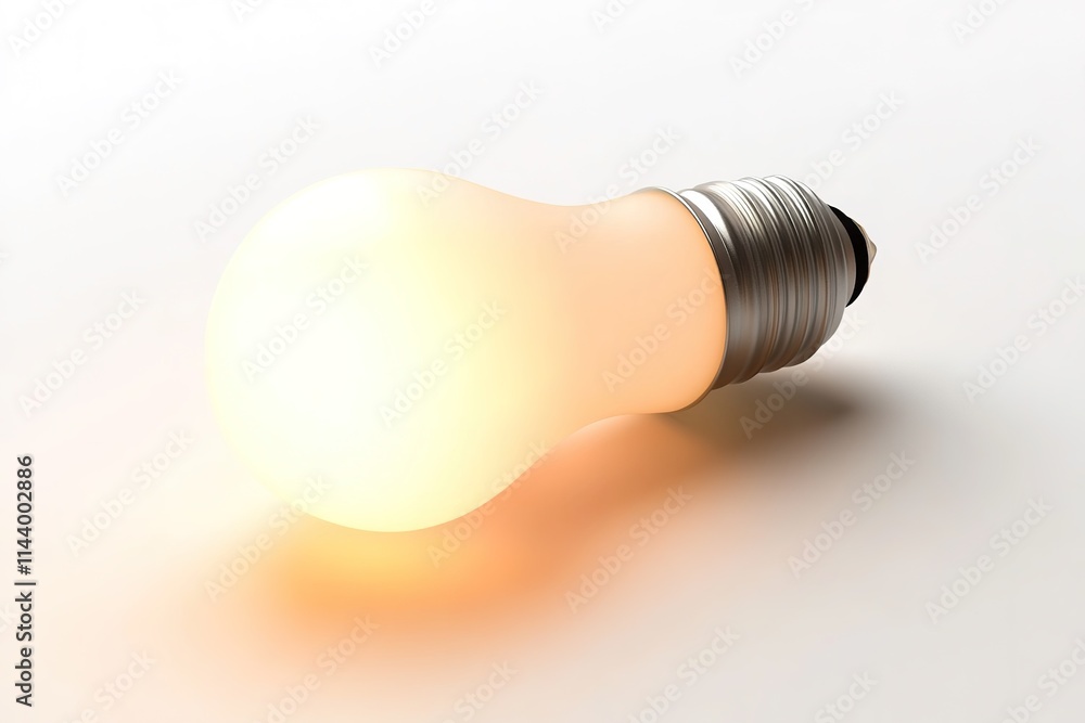 Poster glowing light bulb on plain white background soft glow casting faint shadows on surface