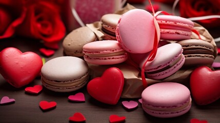 Beautifully arranged red and pink macarons adorned with charming Valentine s Day messages creating a delightful and visually appealing dessert display