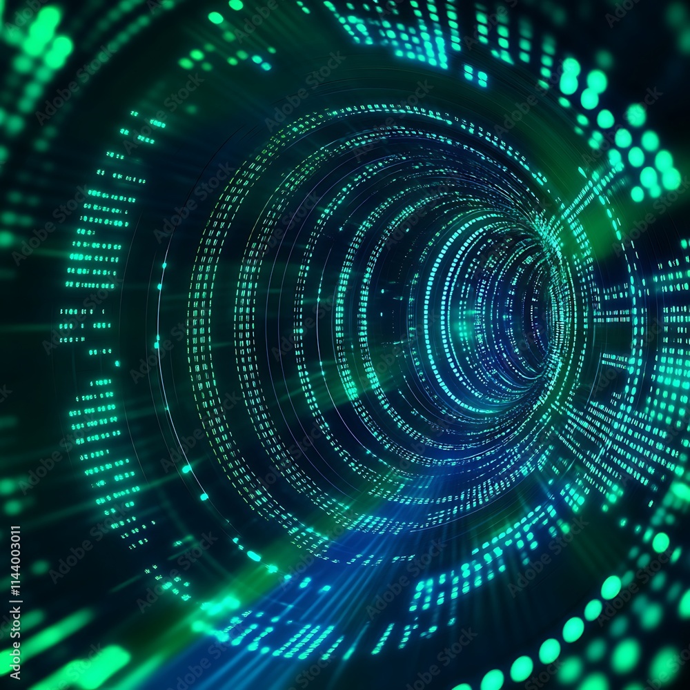 Poster digital abstract visualization of futuristic data space with glowing particles and lines