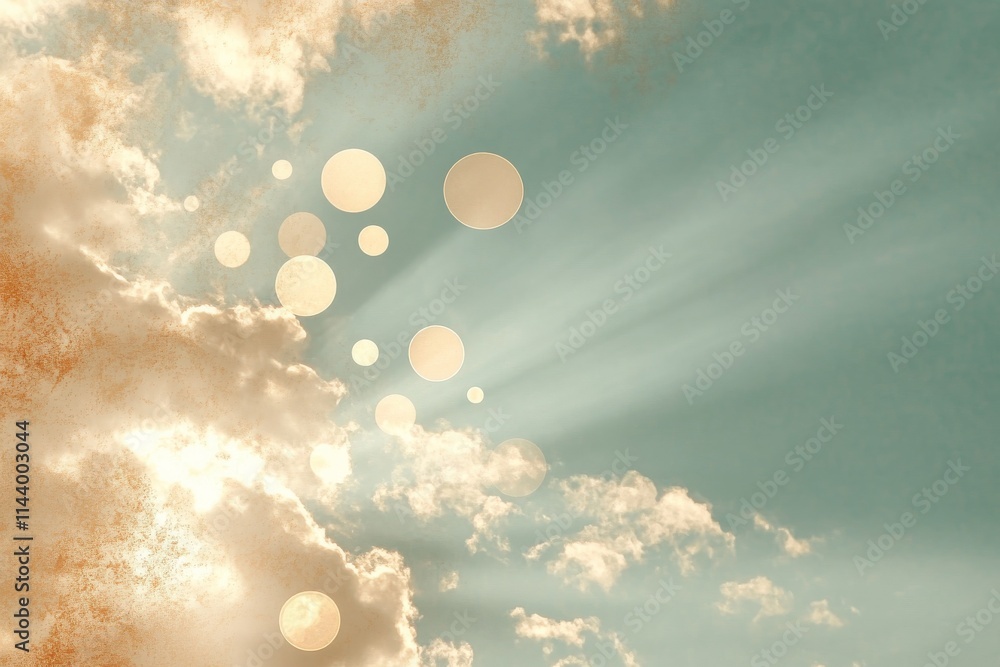 Poster beautiful sky with rays of sunlight and floating circles during a serene day
