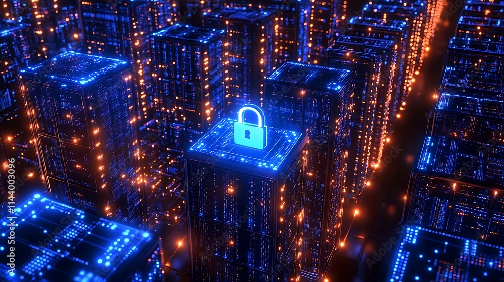 Poster digital city with security symbol representing cyber protection and network safety concepts