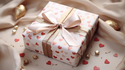 Beautifully wrapped gift box in red and pink colors with a tag that says  Be My Valentine  and hearts surrounding it symbolizing romance love and a special occasion