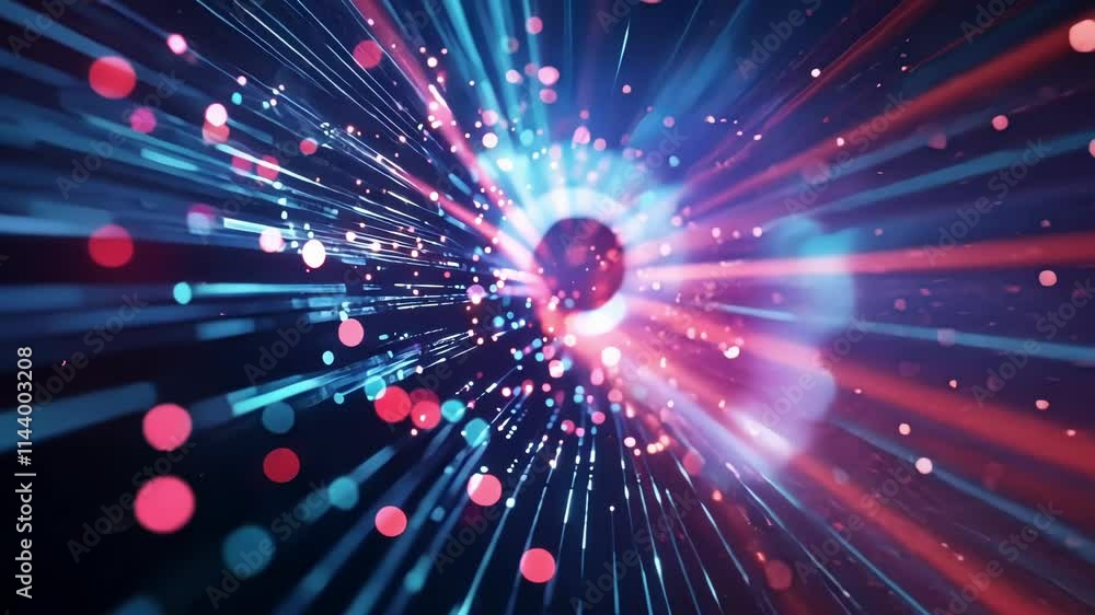 Poster pink and blue particles and streaks of light are converging into a dark circular portal, creating a 