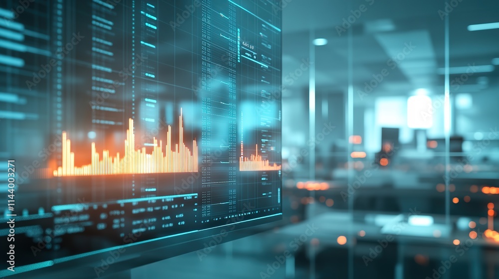 Poster glowing graph of financial transactions displayed on monitor screen with blurred office backdrop