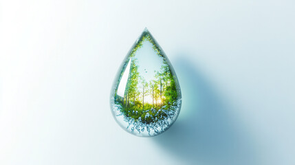 A crystal-clear dewdrop suspended mid-air, encapsulating a tiny glowing forest scene inside, surrounded by luminous emerald and silver liquid splashes frozen in time, isolated perfectly on a bright wh