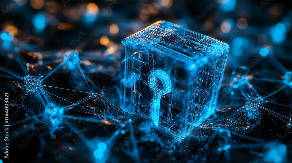 Poster digital lock and key symbolizing cyber security and data protection in a networked environment