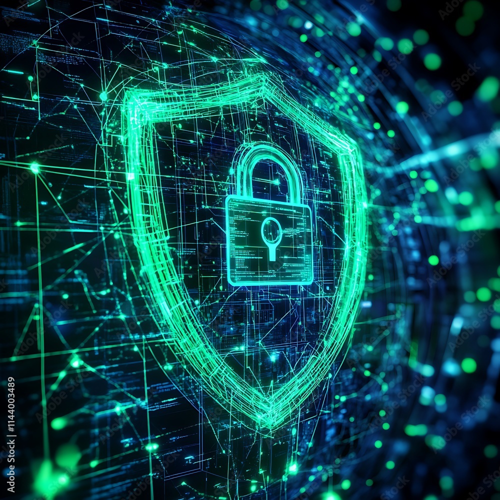 Poster digital lock icon representing cyber security and data protection in abstract network background