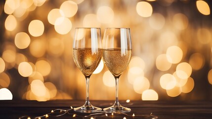 Clinking champagne glasses in a celebratory toast with a soft romantic backdrop of heart shaped bokeh lights creating an elegant and intimate atmosphere perfect for anniversary engagement