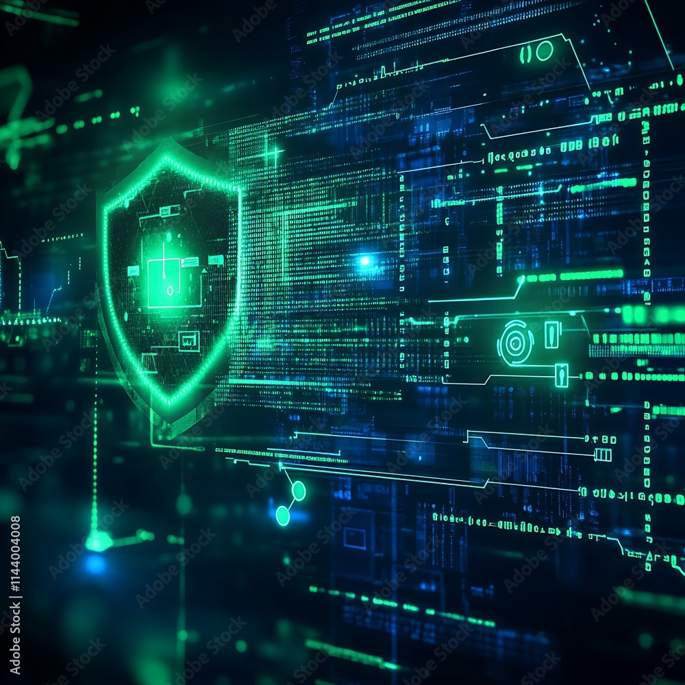Aufkleber digital security concept with shield and glowing data streams in cyber technology environment