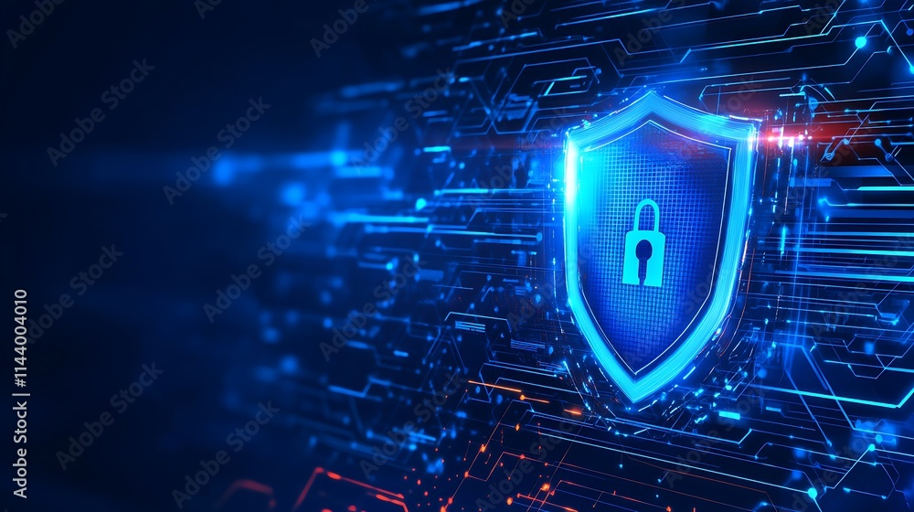 Poster digital security concept with shield and lock symbol in abstract futuristic background