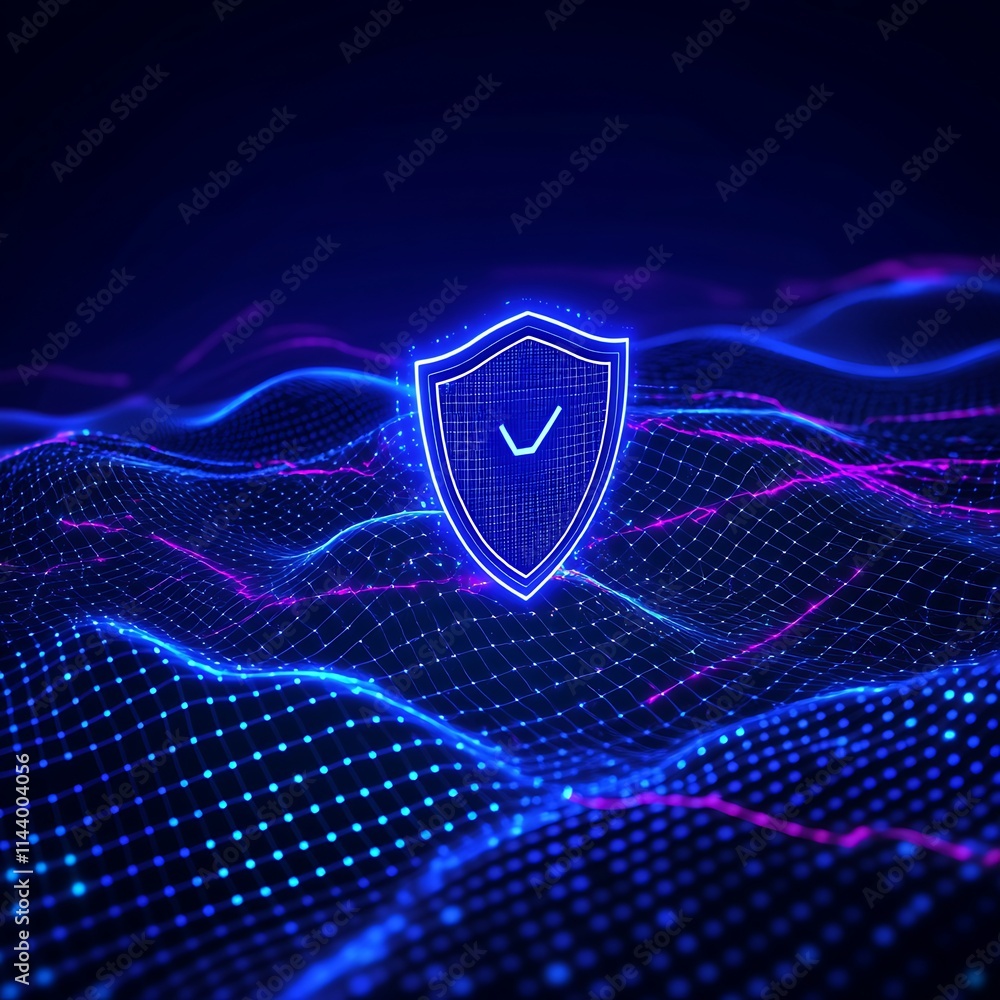 Poster digital security concept with shield icon and abstract data waves in blue and purple colors