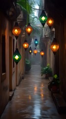 Wet alleyway with hanging lanterns at night.