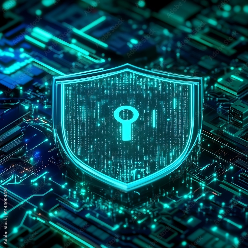 Poster digital security shield with keyhole on technological background for cyber protection themes