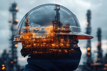 Double exposure of refinery and hardhat. Illustrates industrial work, energy, and safety.
