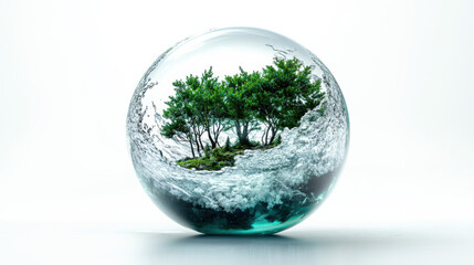 A crystal-clear dewdrop suspended mid-air, encapsulating a tiny glowing forest scene inside, surrounded by luminous emerald and silver liquid splashes frozen in time, isolated perfectly on a bright wh