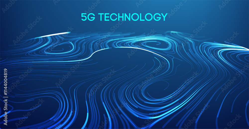Poster futuristic 5g technology background with glowing blue digital wave lines on a dark gradient backdrop