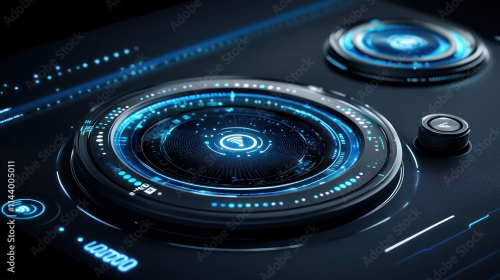 Aufkleber futuristic technology interface with glowing blue circular elements and digital display.
