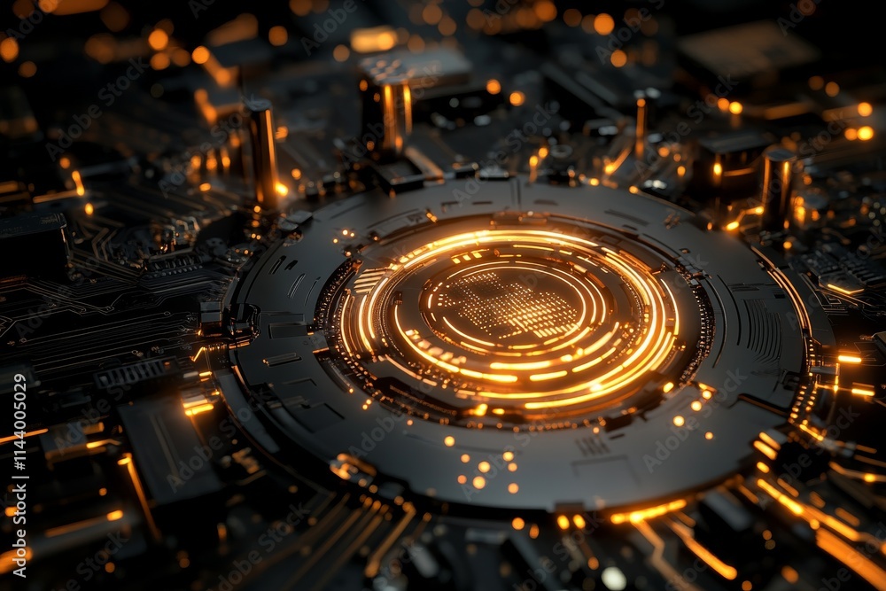Poster intricate circuit board design featuring glowing orange patterns and modern technology elements