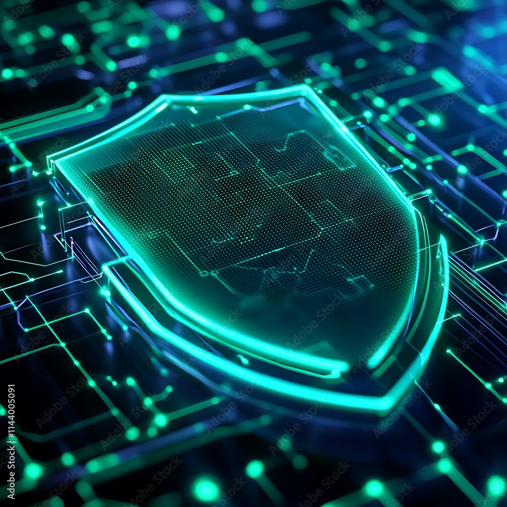Poster digital shield concept representing cybersecurity with glowing circuit patterns and technology