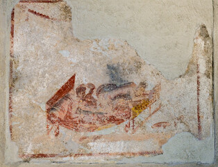 sex scene in ancient fresco in Pompeii in the Casa delle Lupanare. Pompeii was destroyed by the volcanic eruption of Vesuvius in 79 BC