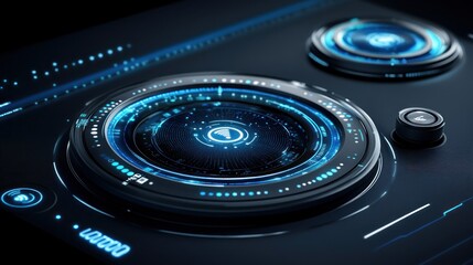 Futuristic technology interface with glowing blue circular elements and digital display.