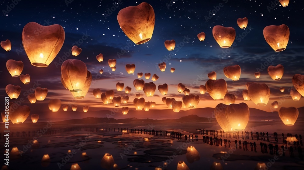 Poster captivating scene of heart shaped lanterns gently floating in the tranquil night sky creating a drea