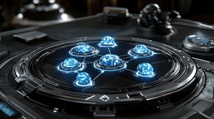 Futuristic technology interface with glowing nodes connected in a network.