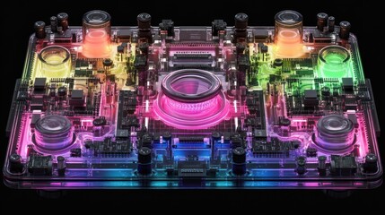 Futuristic transparent camera with colorful circuit board and lens.